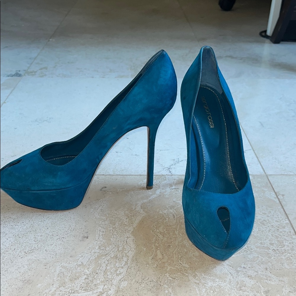 Sergio Rossi Blue Suede High Heel Peep Toe Pumps Sz 39